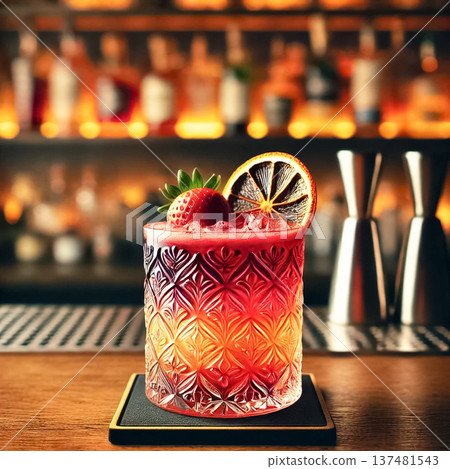 A close-up of a vibrant cocktail in a patterned glass, set on a sleek bar counter in a bright, contemporary setting. The drink displays a beautiful gradient from deep red to bright orange, topped with A close-up of a vibrant cocktail in a patterned glass, set on a sleek bar counter in a bright, contemporary setting. The drink displays a beautiful gradient from deep red to bright orange, topped with 137481543