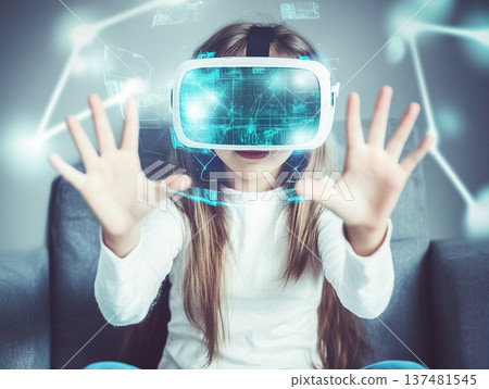 A young girl wearing a virtual reality headset, interacting with a digital environment. Her hands are raised as if engaging with virtual objects, while futuristic graphics surround her, creating an A young girl wearing a virtual reality headset, interacting with a digital environment. Her hands are raised as if engaging with virtual objects, while futuristic graphics surround her, creating an 137481545