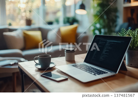 Horizontal eye-level shot of a modern home-office with laptop, smartphone, coffee, soft natural window light, natural living-room setting, horizontal orientation, 4k, clean aesthetic. --ar 3:2 --v 6.1 137481567