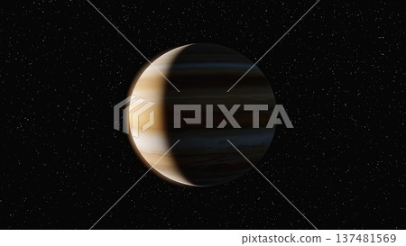 A spherical planet appears partially illuminated with shadow covering half its surface. Subtle atmospheric bands are visible against a starless black background. The mood feels quiet and mysterious. 137481569