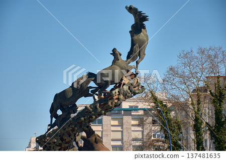 Famous statue of horses in Vigo, a work by the sculptor Oliveira, notable for its dynamism and height Famous statue of horses in Vigo, a work by the sculptor Oliveira, notable for its dynamism and height 137481635