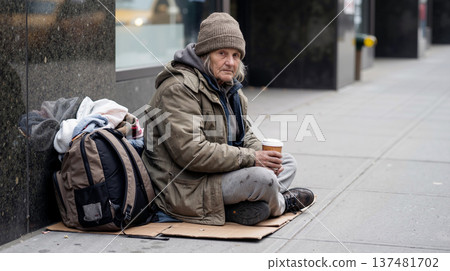 Homeless senior woman with backpack sits on cardboard on a city street 137481702