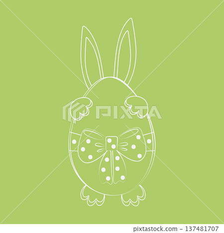 Easter Bunny hiding behind Easter Egg decorated Tied ribbon bow with polka dots. Sticker, icon Flat. Vector illustration Easter Greetings Themed cards design element, media post, blog, leaflet, banner Easter Bunny hiding behind Easter Egg decorated Tied ribbon bow with polka dots. Sticker, icon Flat. Vector illustration Easter Greetings Themed cards design element, media post, blog, leaflet, banner 137481707