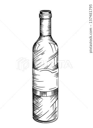 Black and white vector illustration of an open glass wine and champagne bottle, isolated. Hand-drawn in ink style. The vintage engraving style is used for wineries, special events, and restaurant Black and white vector illustration of an open glass wine and champagne bottle, isolated. Hand-drawn in ink style. The vintage engraving style is used for wineries, special events, and restaurant 137481795