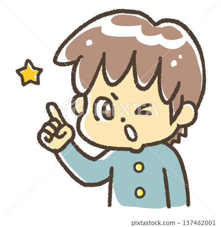 A boy in a school uniform pointing to the number 1 137482001