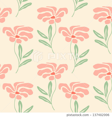 Retro pattern with minimalist pink flowers and green leaves on cream background in boho style. Retro pattern with minimalist pink flowers and green leaves on cream background in boho style. 137482006