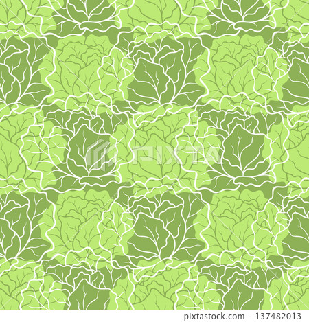 Green lettuce heads pattern, an outline graphic style associated with healthy eating, eco-products and vegetables, used for textiles, packaging or background images. 137482013