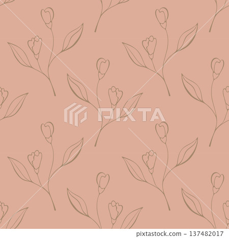 Floral pink pattern with gold outline hand drawn images of plants. Minimalist design for wallpaper, fabrics, packaging, and graphic design. 137482017