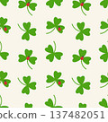 Shamrock or green clover leaf pattern, flat design background. Ladybug on shamrock. Symbol of good luck. St. Patricks Day symbols. 137482051