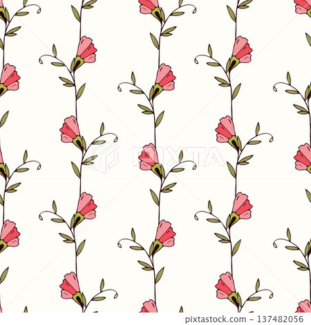 Pattern ornament blooming Convolvulus with pink buds. Bindweed flowers and branches are hand drawn on light background. 137482056