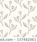Floral pattern with outline images of plants. This minimalist, black-and-white design is used for wallpaper, fabrics, packaging, and graphic design. 137482061