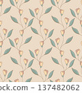 Spring floral print featuring fine lines and soft pastel palette. Minimalistic linear designs, used for textiles, wallpaper, or graphic design, feature beige background, muted pink and yellow flowers 137482062