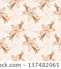Aromatic soft creme pattern featuring vanilla flowers and pods. Warm brown and beige tones, perfect for backgrounds, textiles, food packaging, or cosmetics. 137482065