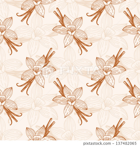 Aromatic soft creme pattern featuring vanilla flowers and pods. Warm brown and beige tones, perfect for backgrounds, textiles, food packaging, or cosmetics. Aromatic soft creme pattern featuring vanilla flowers and pods. Warm brown and beige tones, perfect for backgrounds, textiles, food packaging, or cosmetics. 137482065