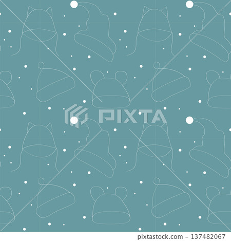 Winter blue pattern with white outline hats and snowflakes, cute childrens winter hats with ears on pastel blue background. 137482067