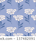 Boho style pattern with daisies on bright, fresh blue background. Suitable for textiles, packaging, and wallpaper. 137482091