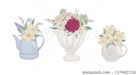 Vintage watercolour vase and rustic metal pot with purple and pink spring flowers, hand drawn isolated bouquets illustration Vintage watercolour vase and rustic metal pot with purple and pink spring flowers, hand drawn isolated bouquets illustration 137482150