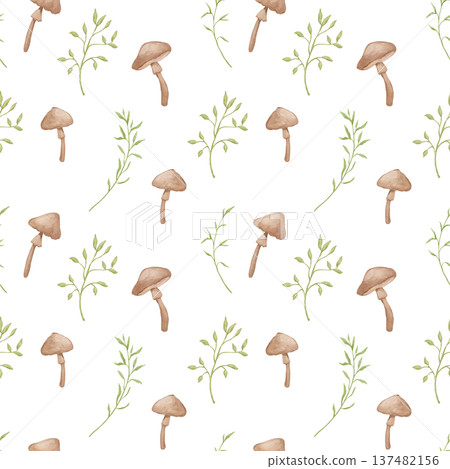 Seamless pattern with forest botanical plants mushroom and leaves on white background, woodland watercolour illustrations 137482156