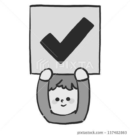 Illustration of a child holding up a check mark board (monochrome) 137482863
