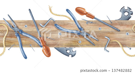 Horizontal seamless border with working tools on a wooden board. Watercolor illustration on an isolated background. Realistic men's home renovation tools. For DIY design and repair shops. Horizontal seamless border with working tools on a wooden board. Watercolor illustration on an isolated background. Realistic men's home renovation tools. For DIY design and repair shops. 137482882