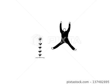 Hand-drawn illustration of a person jumping with joy as flowers bloom Hand-drawn illustration of a person jumping with joy as flowers bloom 137482895