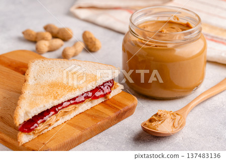 Peanut paste in an open jar Peanut paste in an open jar 137483136