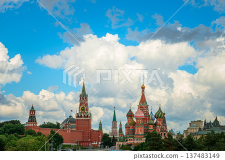 St. Basil's Cathedral and Kremlin Walls and Tower in Red square. St. Basil's Cathedral and Kremlin Walls and Tower in Red square. 137483149