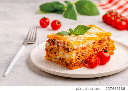 Traditional lasagna with bolognese sauce Traditional lasagna with bolognese sauce 137483186