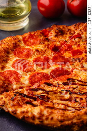 Pizza with different toppings - pepperoni, cheese, margarita, barbecue 137483224