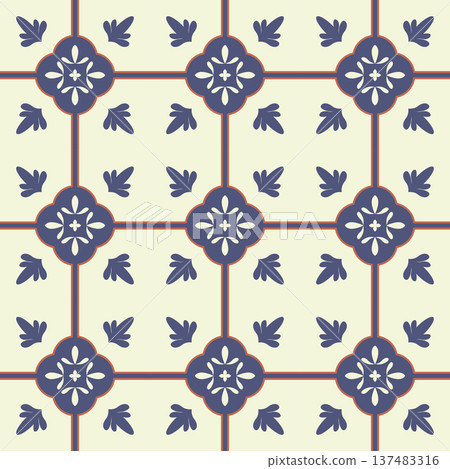 Seamless Ornamental Tile Pattern with Floral Medallions. Blue and Cream Vector Background Seamless Pattern for Textile Print, Fabric, Wallpaper, Wrapping Paper and Surface Design Seamless Ornamental Tile Pattern with Floral Medallions. Blue and Cream Vector Background Seamless Pattern for Textile Print, Fabric, Wallpaper, Wrapping Paper and Surface Design 137483316