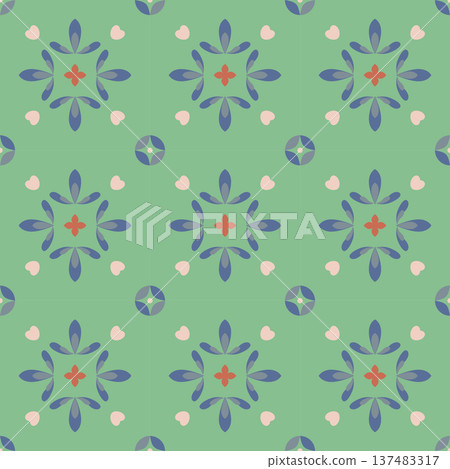 Seamless Folk Floral Pattern with Heart Accents. Green Vector Background Seamless Pattern for Textile Print, Fabric, Wallpaper, Wrapping Paper and Surface Design Seamless Folk Floral Pattern with Heart Accents. Green Vector Background Seamless Pattern for Textile Print, Fabric, Wallpaper, Wrapping Paper and Surface Design 137483317