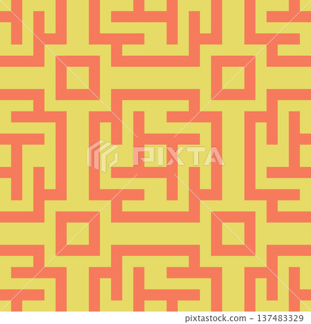 Seamless Geometric Labyrinth Pattern with Interlocking Lines. Coral and Yellow Vector Background Seamless Pattern for Textile Print, Fabric, Wallpaper, Wrapping Paper and Surface Design Seamless Geometric Labyrinth Pattern with Interlocking Lines. Coral and Yellow Vector Background Seamless Pattern for Textile Print, Fabric, Wallpaper, Wrapping Paper and Surface Design 137483329