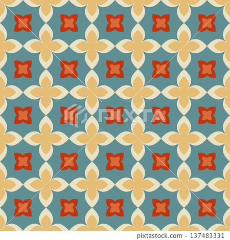 Seamless Geometric Floral Pattern with Petal Ornament. Red and Yellow Vector Background Ancient Seamless Pattern for Textile Print, Fabric, Wallpaper, Wrapping Paper and Surface Design 137483331
