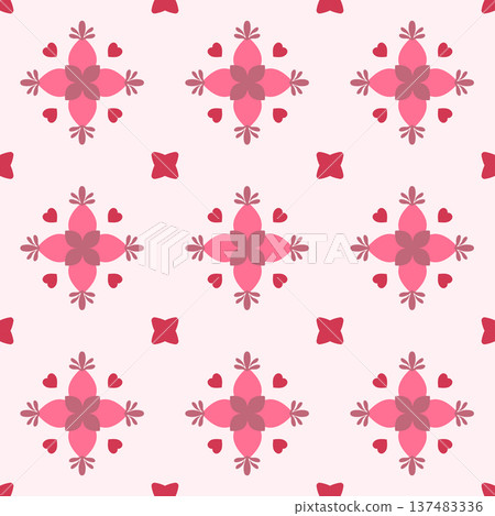 Seamless Cute Floral Heart Pattern with Folk Ornament. Pink and Red Vector Background Seamless Pattern for Textile Print, Fabric, Wallpaper, Wrapping Paper and Surface Design 137483336