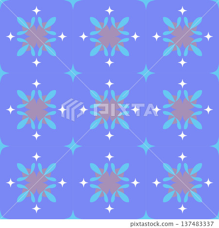 Seamless Decorative Floral Medallion Pattern with Sparkle Stars. Blue and Purple Vector Background Seamless Pattern for Textile Print, Fabric, Wallpaper, Wrapping Paper and Surface Design 137483337