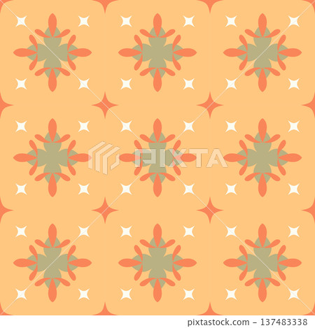 Seamless Retro Floral Medallion Pattern with Sparkle Stars. Peach and Green Vector Autumn Background Seamless Pattern for Textile Print, Fabric, Wallpaper, Wrapping Paper and Surface Design 137483338