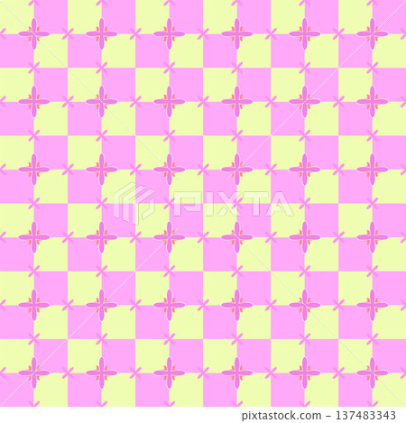 Seamless Floral Grid Pattern with Cross Motifs. Purple and Green Vector Background Seamless Pattern for Textile Print, Fabric, Wallpaper, Wrapping Paper and Surface Design 137483343