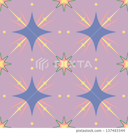 Seamless Cosmic Starburst Pattern with Sparkle Flowers. Lavender Vector Background Seamless Pattern for Textile Print, Fabric, Wallpaper, Wrapping Paper and Surface Design Seamless Cosmic Starburst Pattern with Sparkle Flowers. Lavender Vector Background Seamless Pattern for Textile Print, Fabric, Wallpaper, Wrapping Paper and Surface Design 137483344