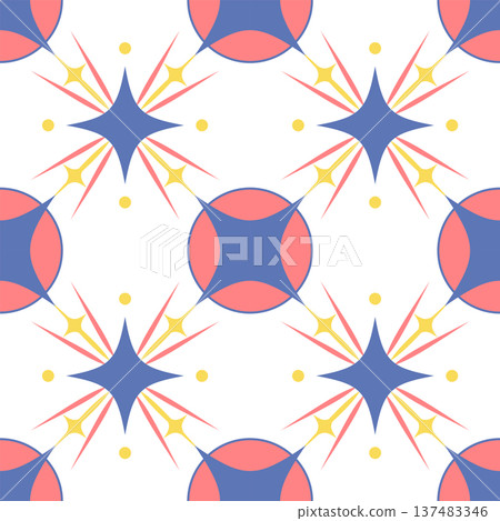 Seamless Celestial Starburst Pattern with Circular Medallions. Blue and Coral Vector Background Seamless Pattern for Textile Print, Fabric, Wallpaper, Wrapping Paper and Surface Design Seamless Celestial Starburst Pattern with Circular Medallions. Blue and Coral Vector Background Seamless Pattern for Textile Print, Fabric, Wallpaper, Wrapping Paper and Surface Design 137483346