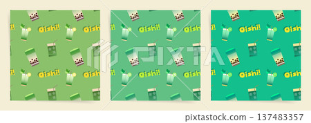 Seamless Cute Bubble Tea Pattern with Matcha Drinks. Green Vector Background Seamless Pattern for Textile Print, Fabric, Wallpaper, Wrapping Paper and Surface Design Seamless Cute Bubble Tea Pattern with Matcha Drinks. Green Vector Background Seamless Pattern for Textile Print, Fabric, Wallpaper, Wrapping Paper and Surface Design 137483357