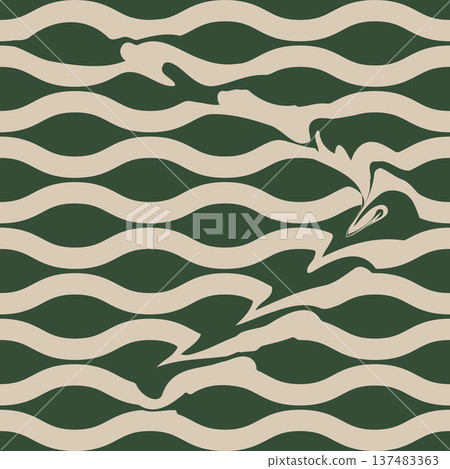 Seamless Abstract Wave Pattern with Op Art Silhouette. Green and Beige Vector Background Seamless Pattern for Textile Print, Fabric, Wallpaper, Wrapping Paper and Surface Design Seamless Abstract Wave Pattern with Op Art Silhouette. Green and Beige Vector Background Seamless Pattern for Textile Print, Fabric, Wallpaper, Wrapping Paper and Surface Design 137483363