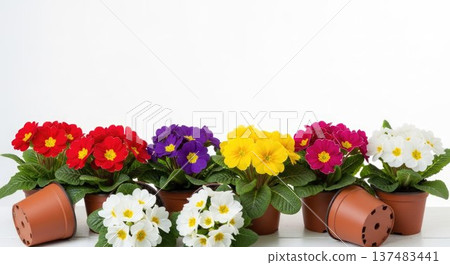 Colorful primrose flowers in pots isolated on white background with copy space. Bright spring blooming plants in red, yellow, purple and white, decorative garden flowers symbolizing spring and renewal 137483441