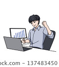 A businessman who is pleased with the results he has achieved from working on a computer 137483450