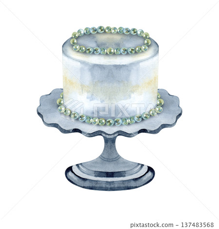 Minimalist watercolor illustration of a single-tier blue wedding cake resting on an ornate stand. The cake features a delicate border of shimmering blue-green pearls around both the top edge and the 137483568