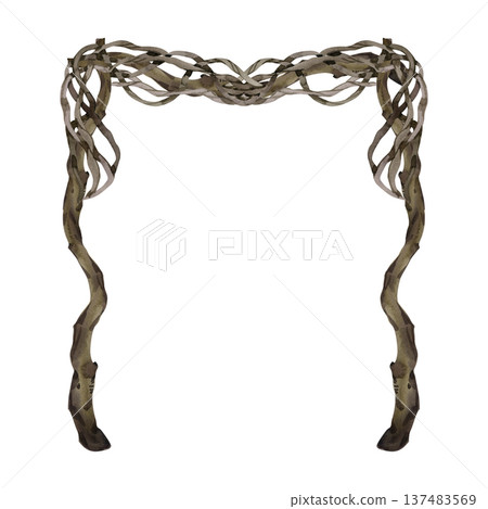 Elaborate watercolor illustration of a wedding arch made from intricately woven twigs and branches. Hand-painted rustic frame with realistic wood textures for outdoor ceremony and natural branding. 137483569