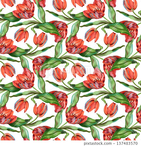Hand-painted watercolor seamless pattern featuring rows of red tulips and green leaves. This elegant botanical design with soft textures is ideal for spring textiles, floral wallpapers, and romantic 137483570