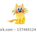 Playful fantasy cat creature with oversized whiskers and bright blue eyes on transparent background illustration for joyful children themes 137484124