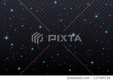 Starry night black sky with blue and purple magic sparkles. Galaxy space with light gradient effect. Abstract dark gradient background with fantasy twinkles. Vector illustration 137484136