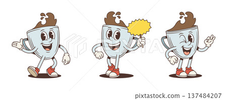 Cheerful Coffee Cup Cartoon Character Vector Illustration With Blank Sign Poses Set Cheerful Coffee Cup Cartoon Character Vector Illustration With Blank Sign Poses Set 137484207