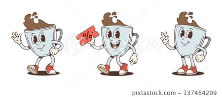 Promo Coffee Cup Cartoon Character Vector Illustration With Coupon Poses Set 137484209